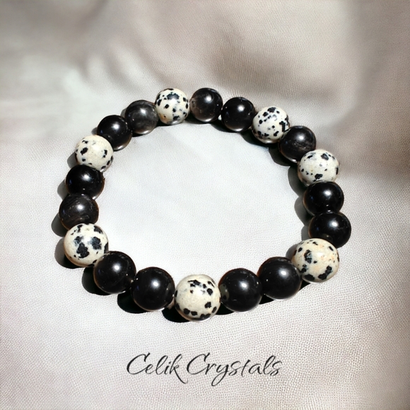 Silver Obsidian and Dalmatian Stone Bracelet 10mm Unisex - Picture 2 of 5